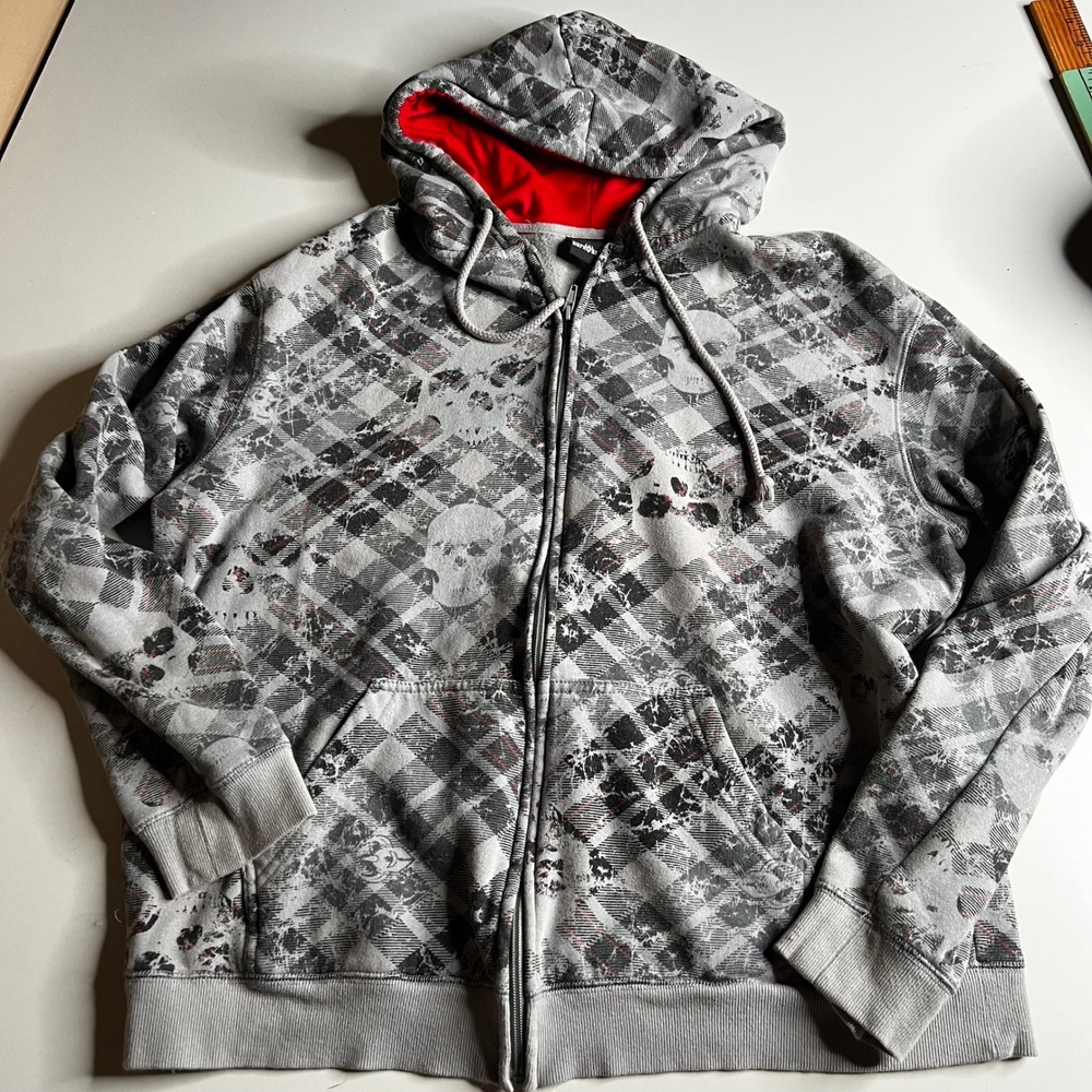 Dark Star Mens Skull Plaid Full Zip Hoodie Gray Red Gothic Punk Streetwear XL